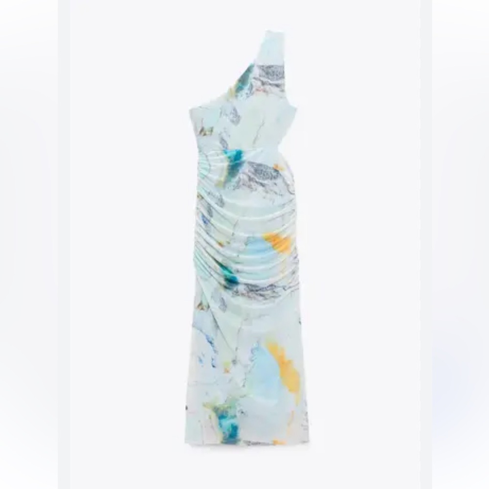 Zara One-Shoulder Printed Midi Dress - Blue, Yellow, Gray